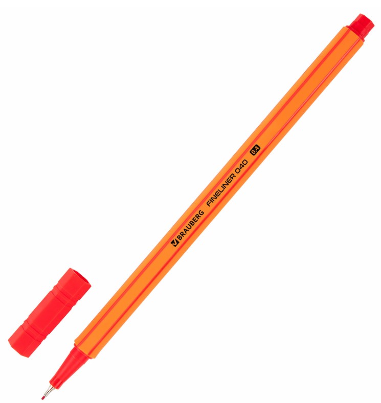 Ручка капиллярная (линер) КРАСНАЯ, BRAUBERG 'FINE 040', шестигранная, линия письма 0,4 мм, 144142