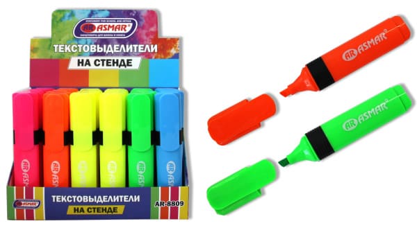 Текстовыделитель  ассорти, пулевидный;скошенный, AR-8809;ЯРКИЕ ЦВЕТА