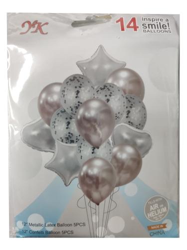 Набор шаров 'Серебро ассорти+конфети',14 шт. в наборе (4 фольгир.+5 латексных+5 конфетти),713