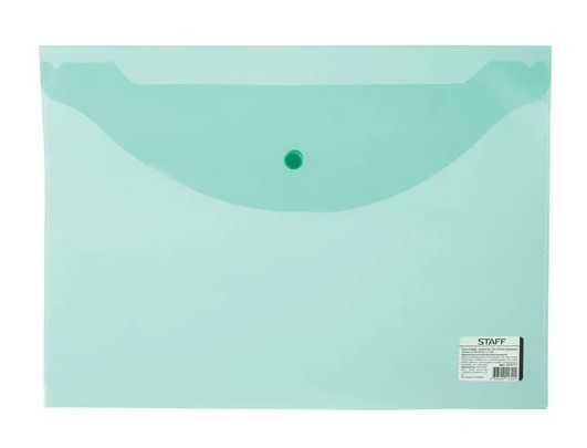 Папка конверт с кнопкой, A4, 'STAFF', прозрачная, зеленая, 330х240мм, 225171