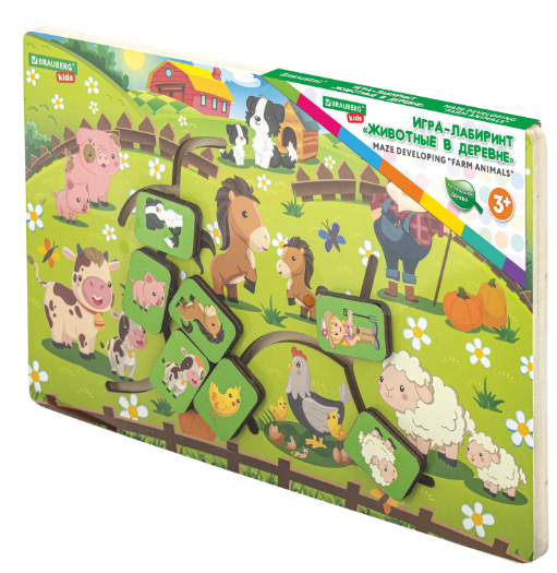 Игра-лабиринт деревянная развивающая Животные в деревне, с бегунками, BRAUBERG KIDS, 665264
