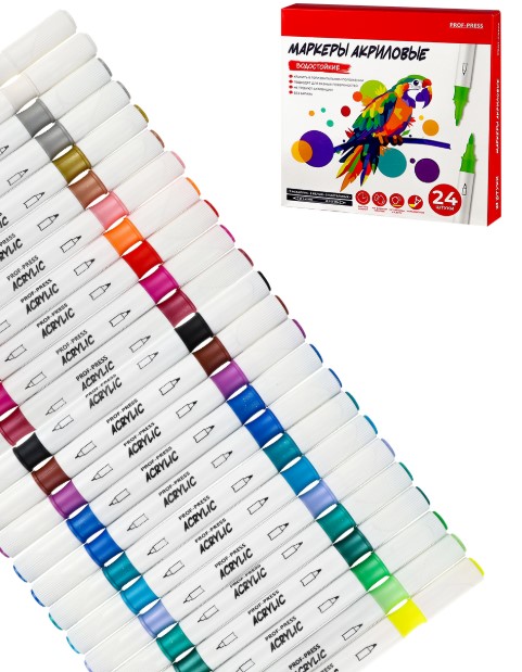 Акриловые маркеры двустор, набор 24 шт, 2 белых цв, 7 металлик цв, в к;к, МП-4863
