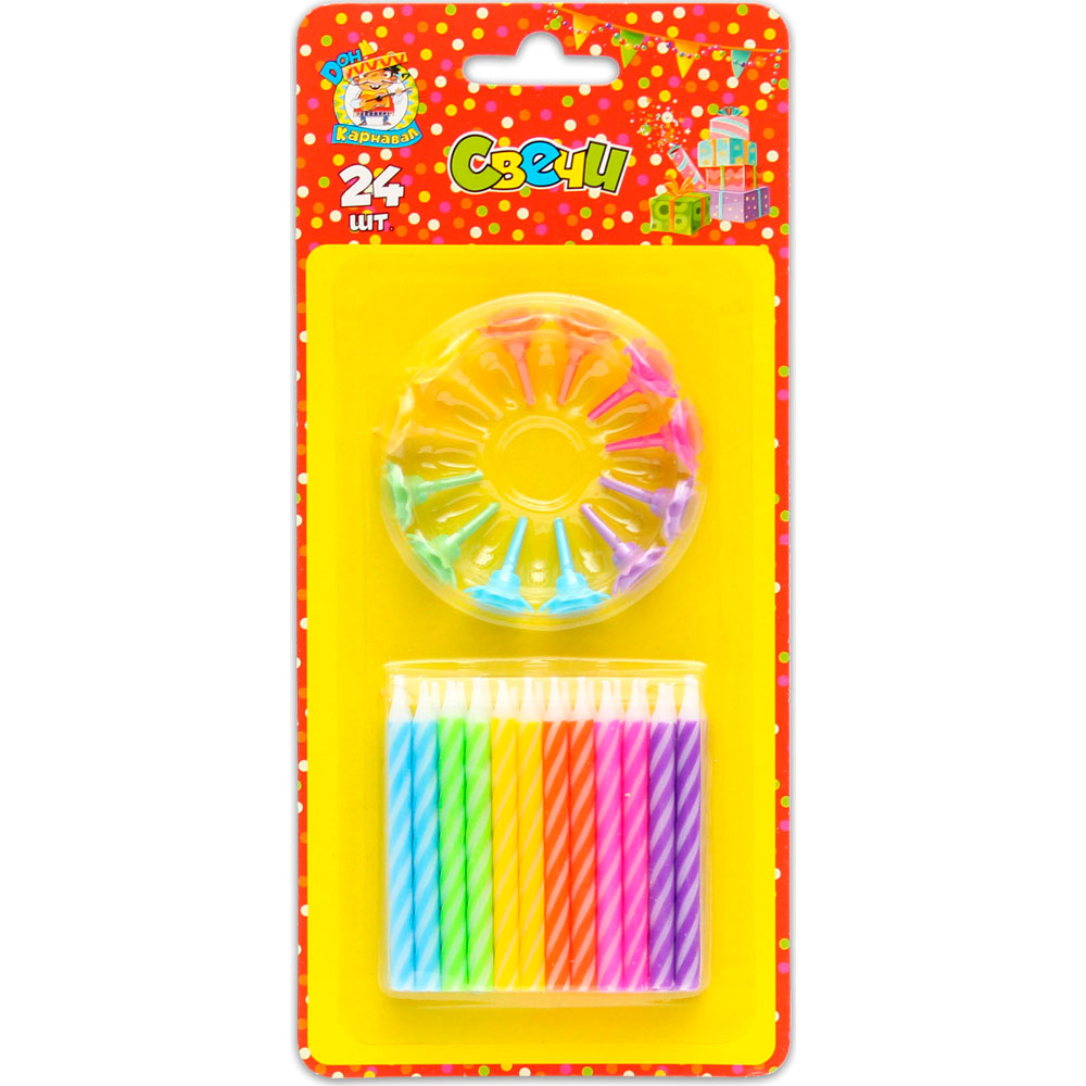 Свечи для торта с подставками 'Яркие цвета', 24 шт., Миленд, картон. уп., европодвес, С-0465