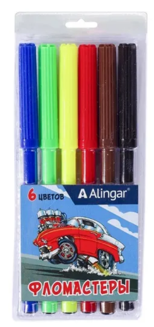 Фломастеры, 6 цв, Alingar, смываемые чернила, корпус круглый, Машины, AL8971