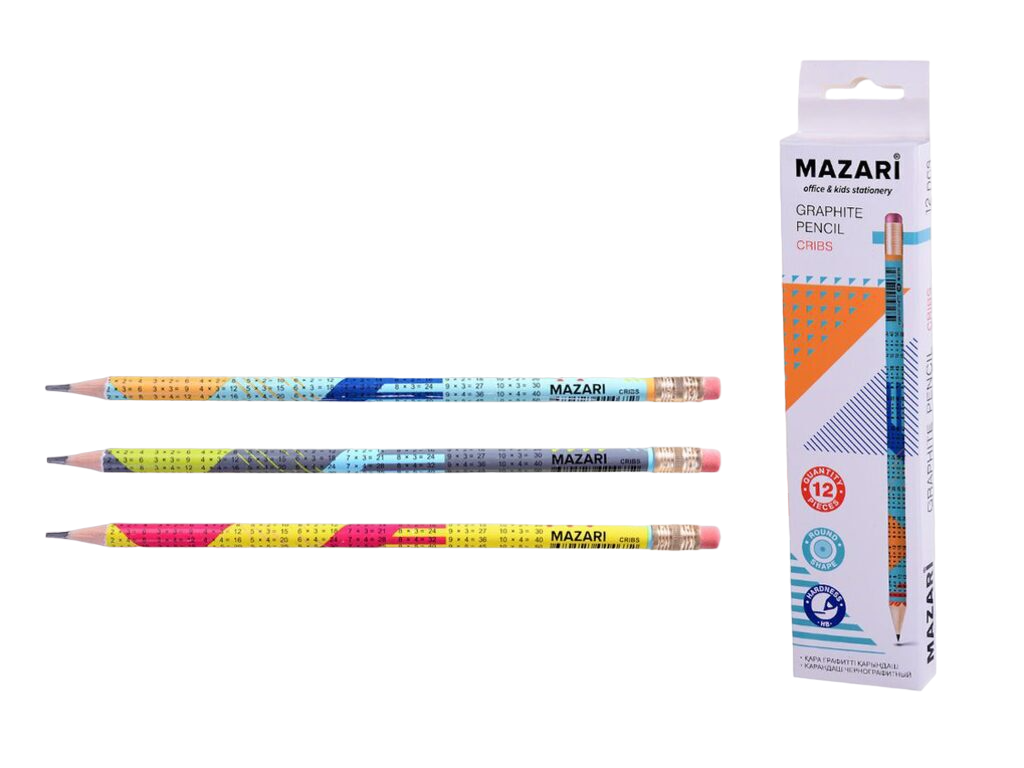 Карандаш чернографитный пластиковый CRIBS, НВ, с ластиком, с таблицей умножения, M-6155