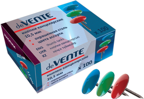 Кнопки канцелярские 10,5 мм 'deVENTE' окрашенная сталь 100 шт , в упаковке, 4132305
