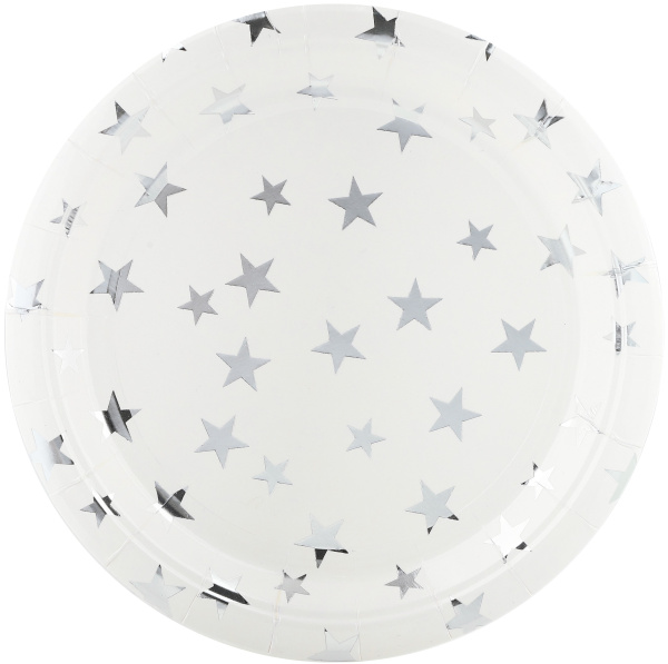 Тарелки (9'';23 см) Серебристые звезды, Белый;Серебро, Металлик, (6 шт;уп), 6231902